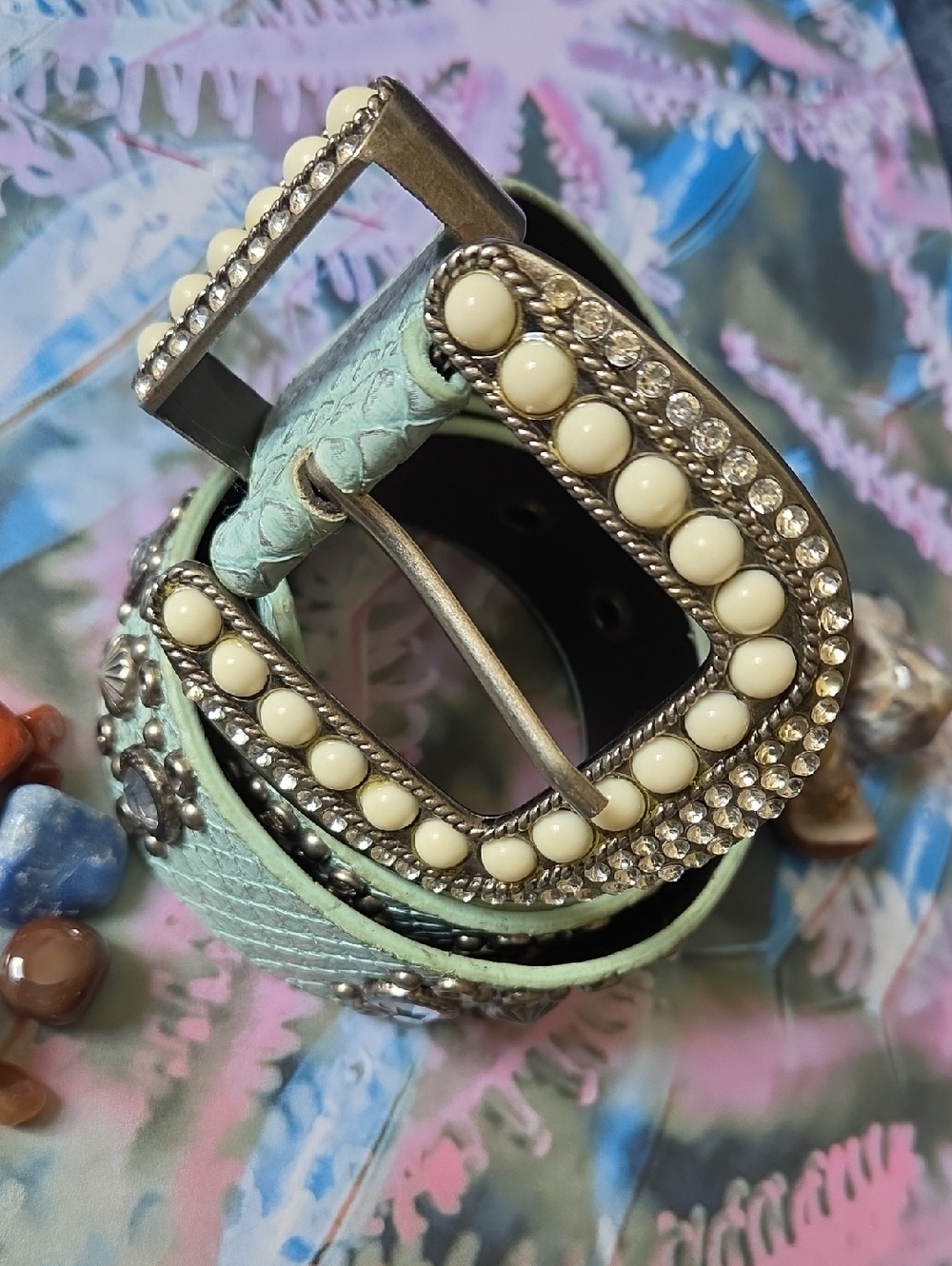 Embellished Faux Snakeskin Leather Belt.